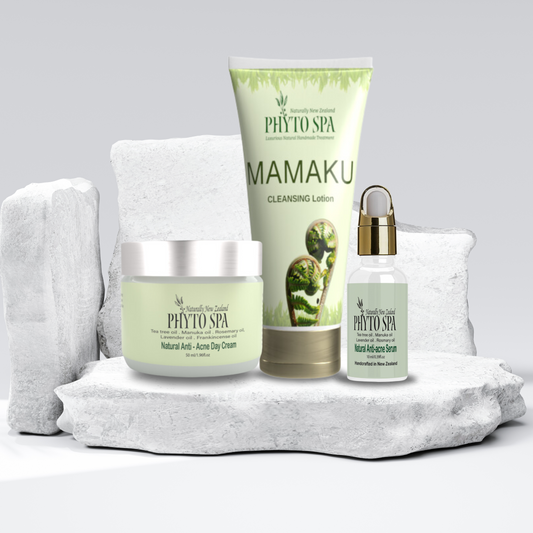 Anti-Acne Collection with Anti Acne Serum, Anti-acne Day Cream and Mamaku Cleansing Lotion